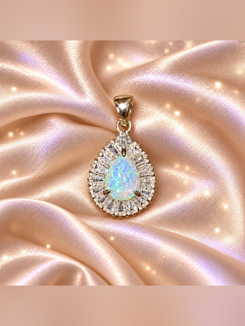 925 Sterling Silver Teardrop Opal Pendant Necklace - Iridescent White Opal